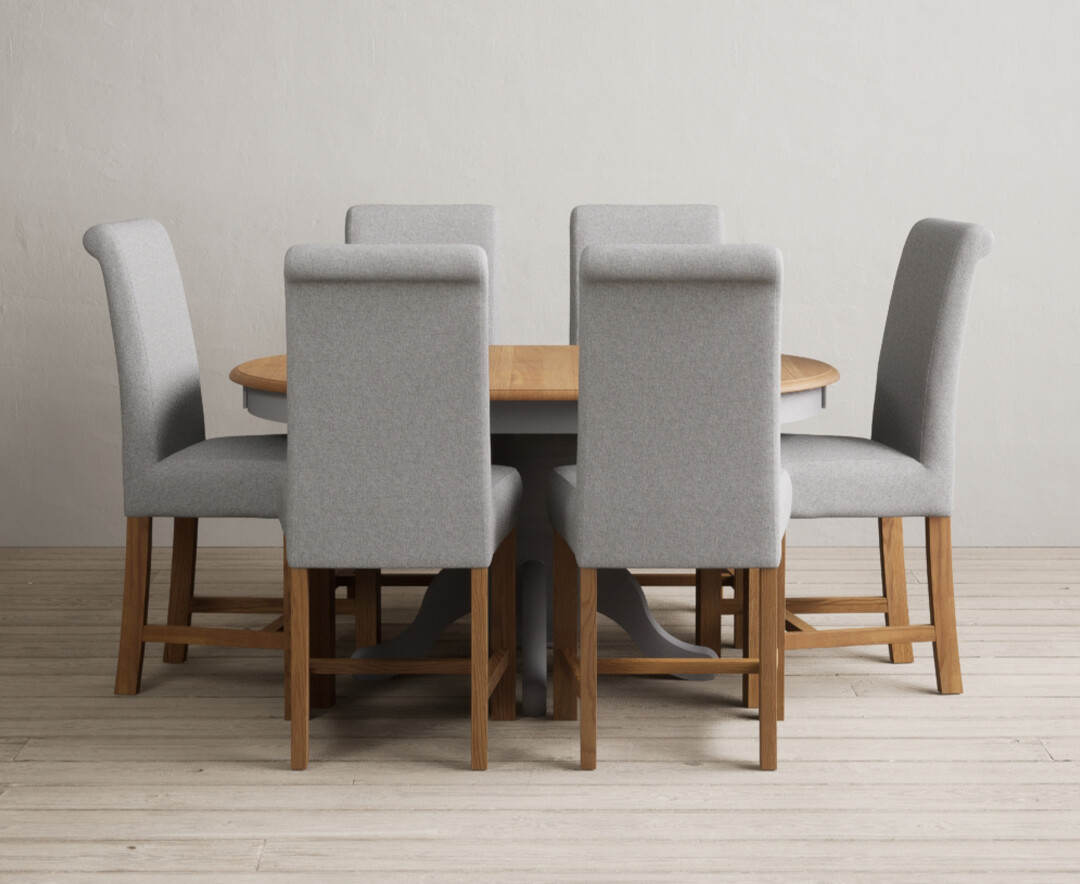 Photo 1 of Extending hertford 100cm - 130cm oak and light grey painted pedestal dining table with 4 charcoal grey chairs