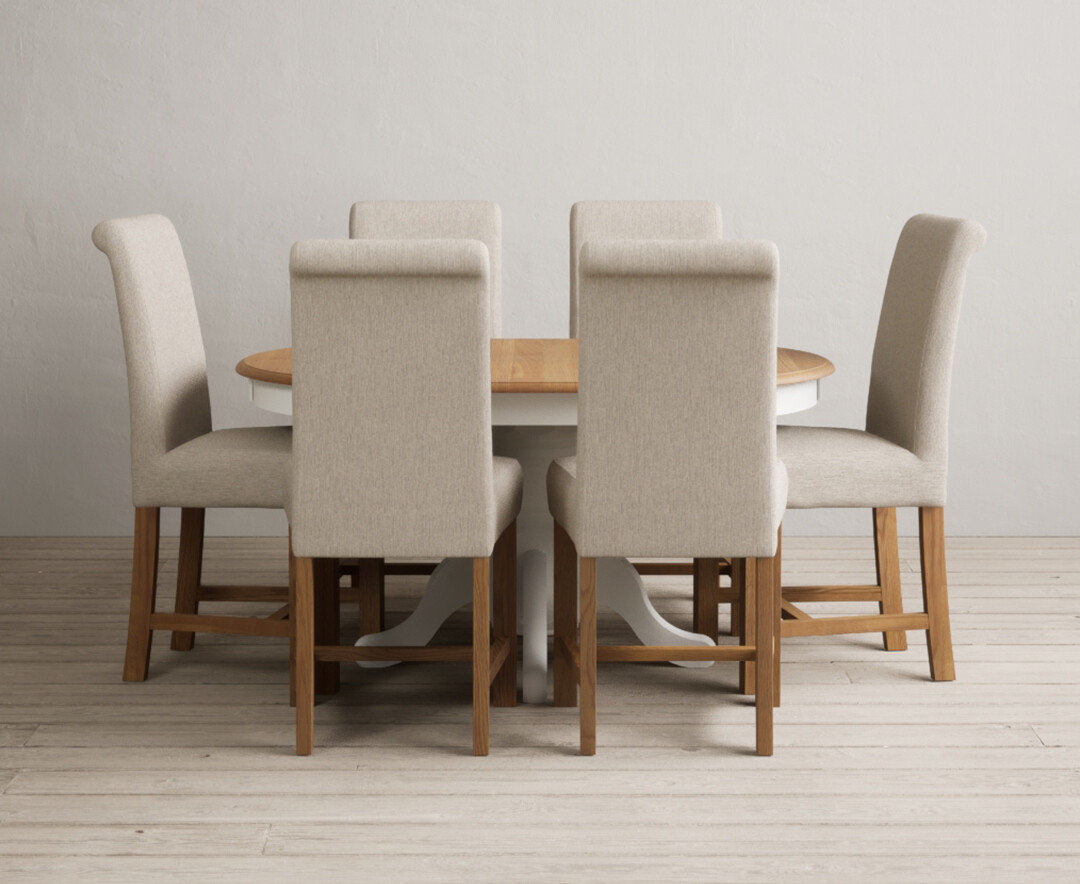 Extending Hertford 100cm 130cm Oak And Signal White Painted Pedestal Dining Table With 4 Brown Chairs