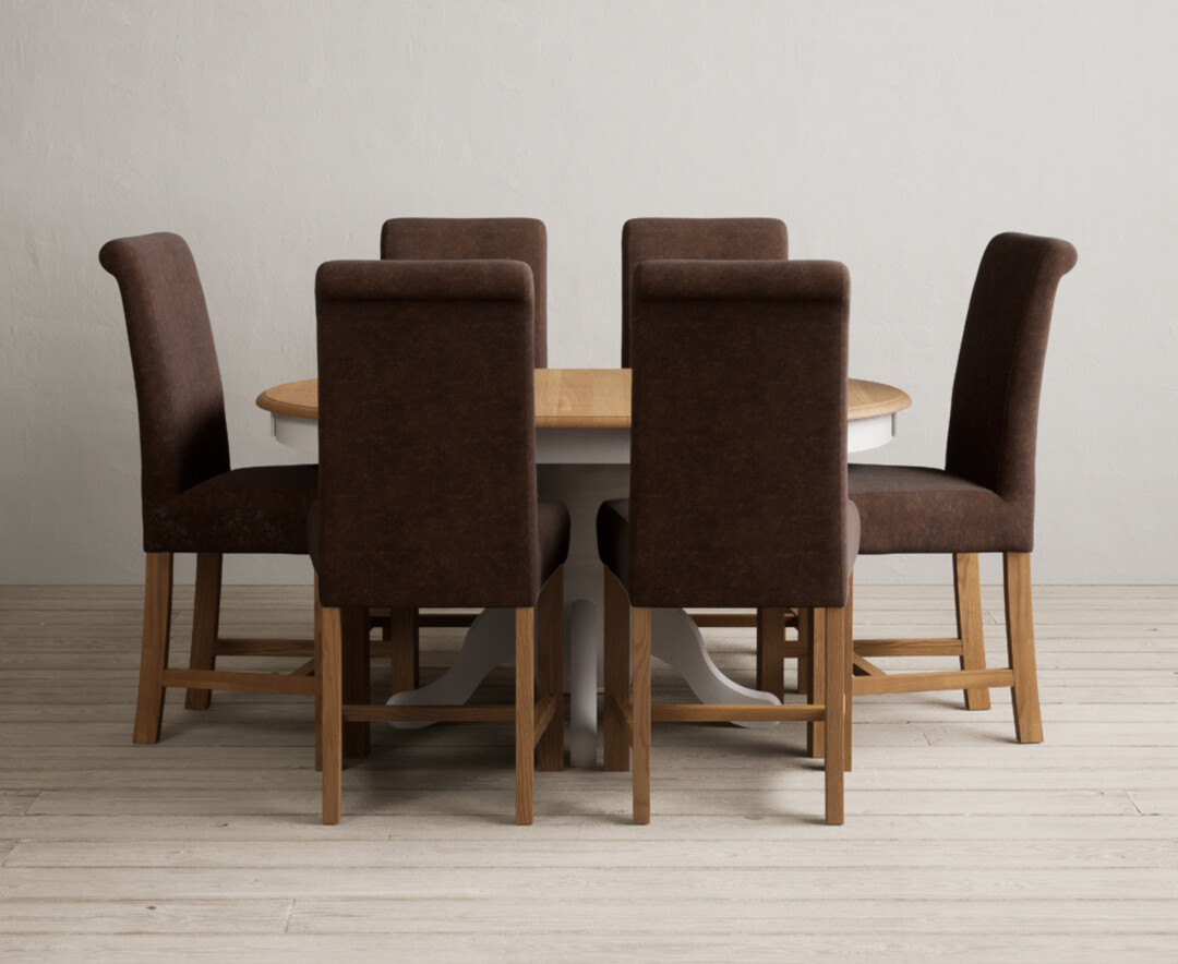 Photo 1 of Extending hertford 100cm - 130cm oak and soft white painted pedestal dining table with 4 brown chairs