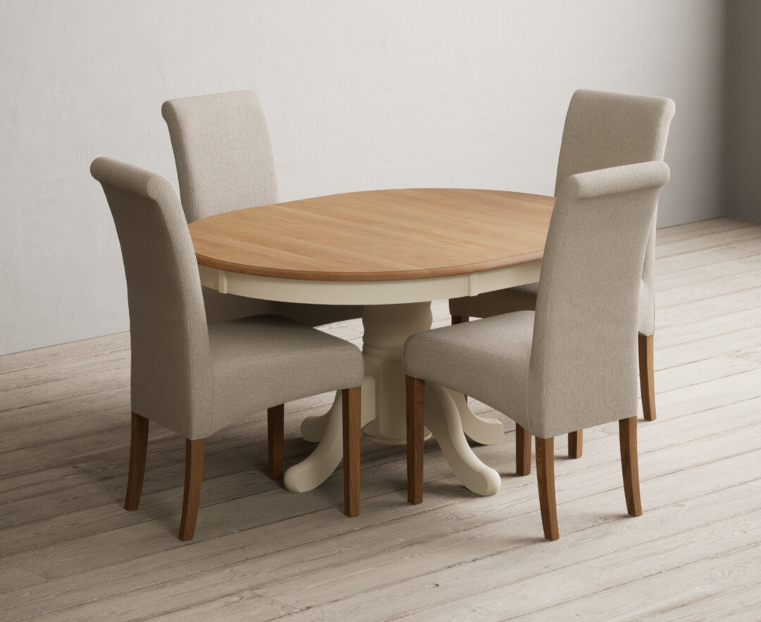 Photo 4 of Extending hertford 100cm - 130cm oak and cream painted pedestal dining table with 4 brown chairs