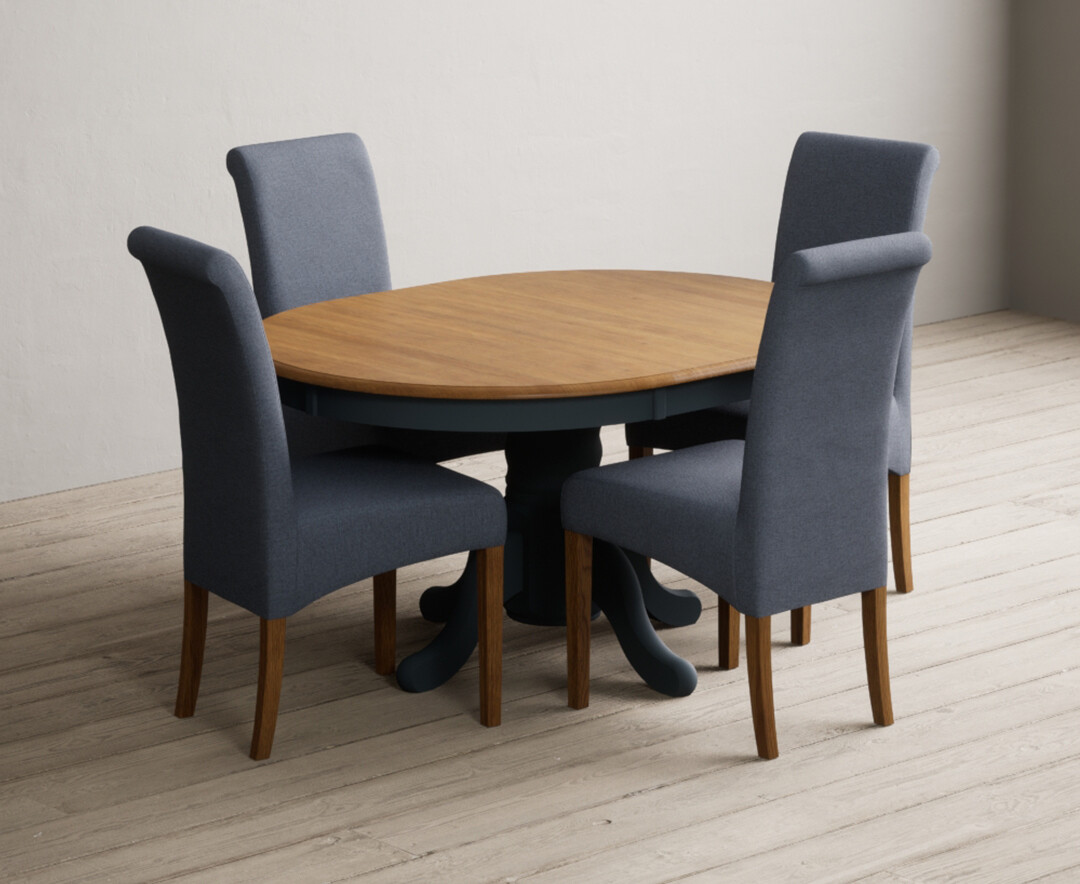 Photo 3 of Extending hertford 100cm - 130cm oak and dark blue painted pedestal dining table with 4 charcoal grey scroll back chairs