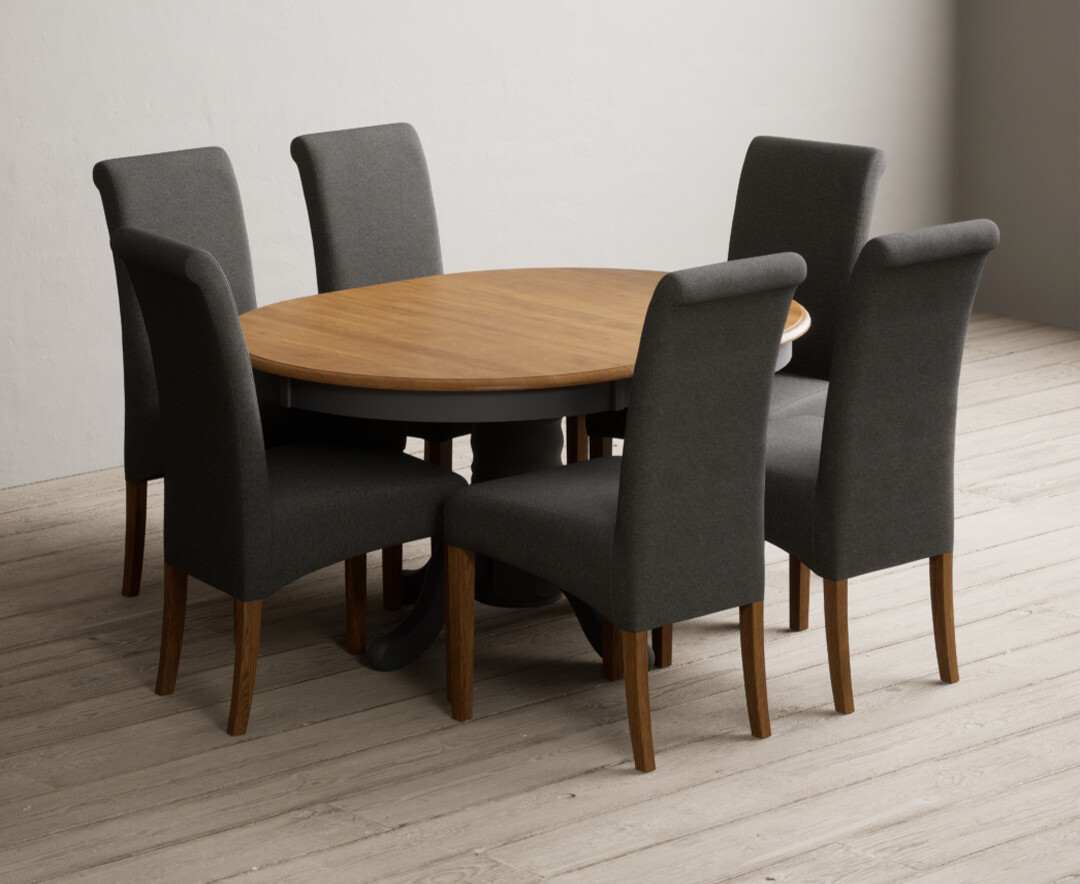 Extending Hertford 100cm 130cm Oak And Charcoal Grey Painted Pedestal Dining Table With 6 Natural Chairs