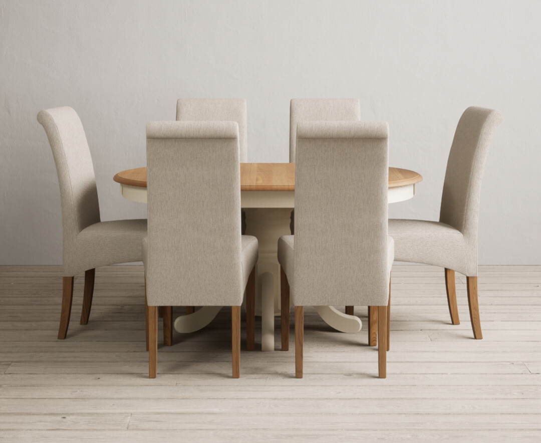 Extending Hertford 100cm 130cm Oak And Cream Painted Pedestal Dining Table With 4 Blue Chairs