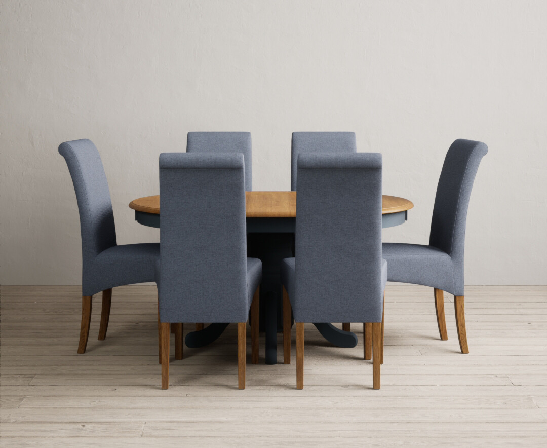 Photo 1 of Extending hertford 100cm - 130cm oak and dark blue painted pedestal dining table with 6 charcoal grey scroll back chairs