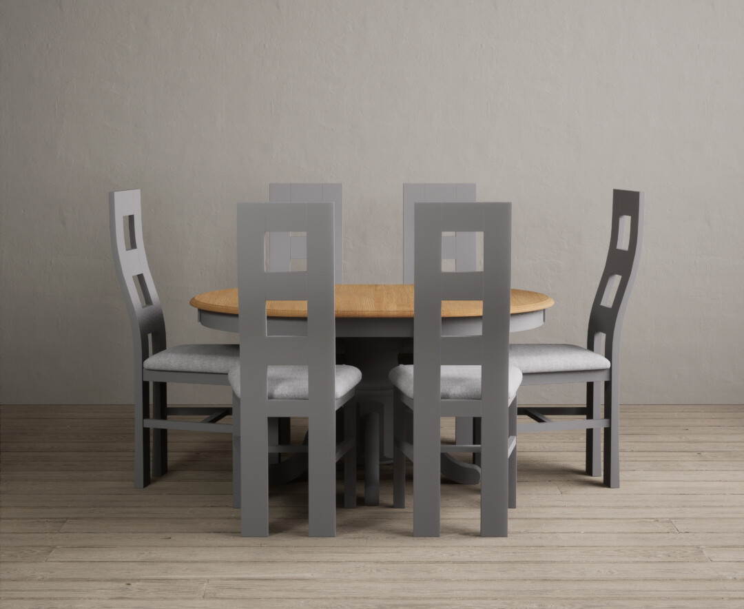 Extending Hertford 100cm 130cm Oak And Light Grey Painted Pedestal Dining Table With 6 Charcoal Grey Chairs