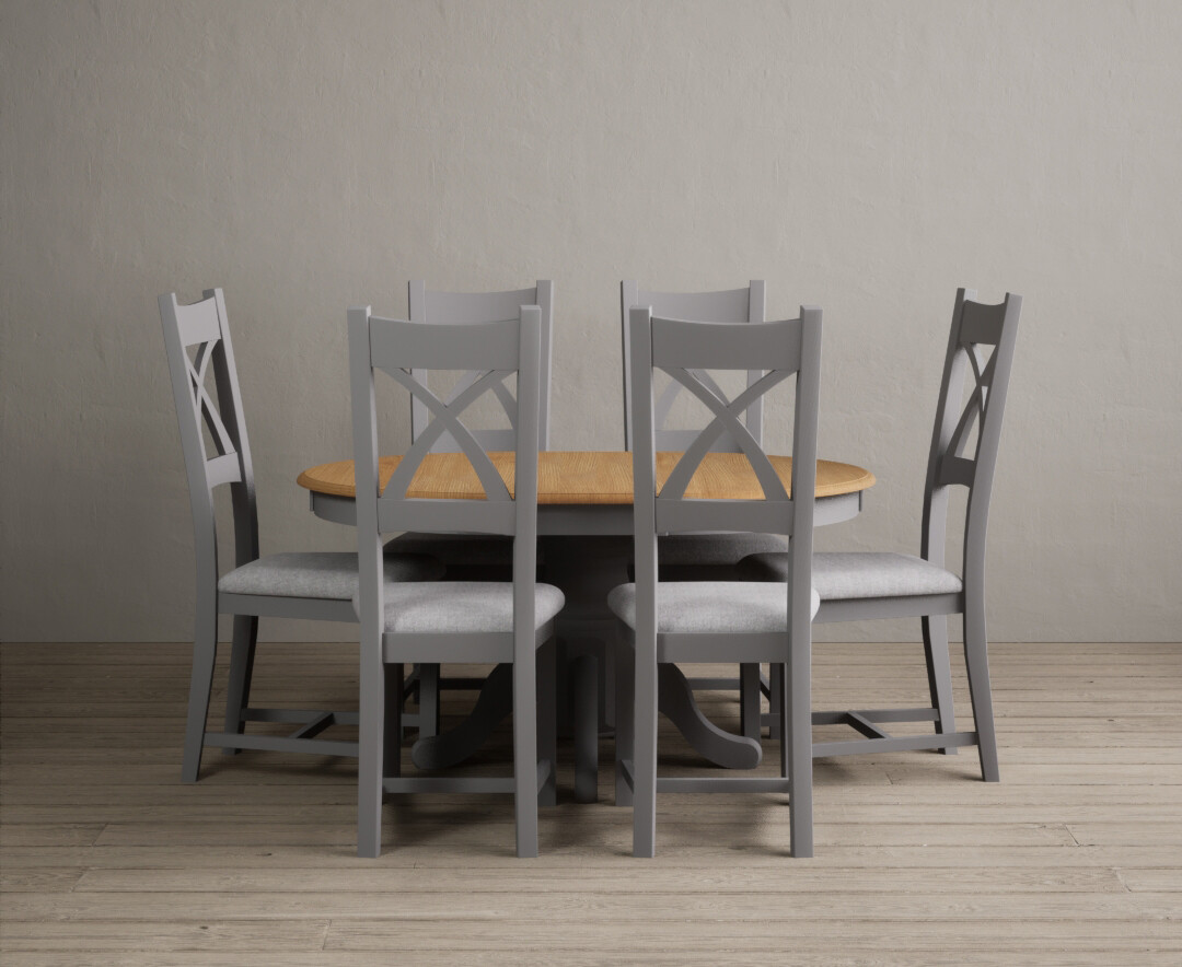 Product photograph of Extending Hertford 100cm - 130cm Oak And Light Grey Painted Pedestal Dining Table With 6 Oak Painted Chairs from Oak Furniture Superstore