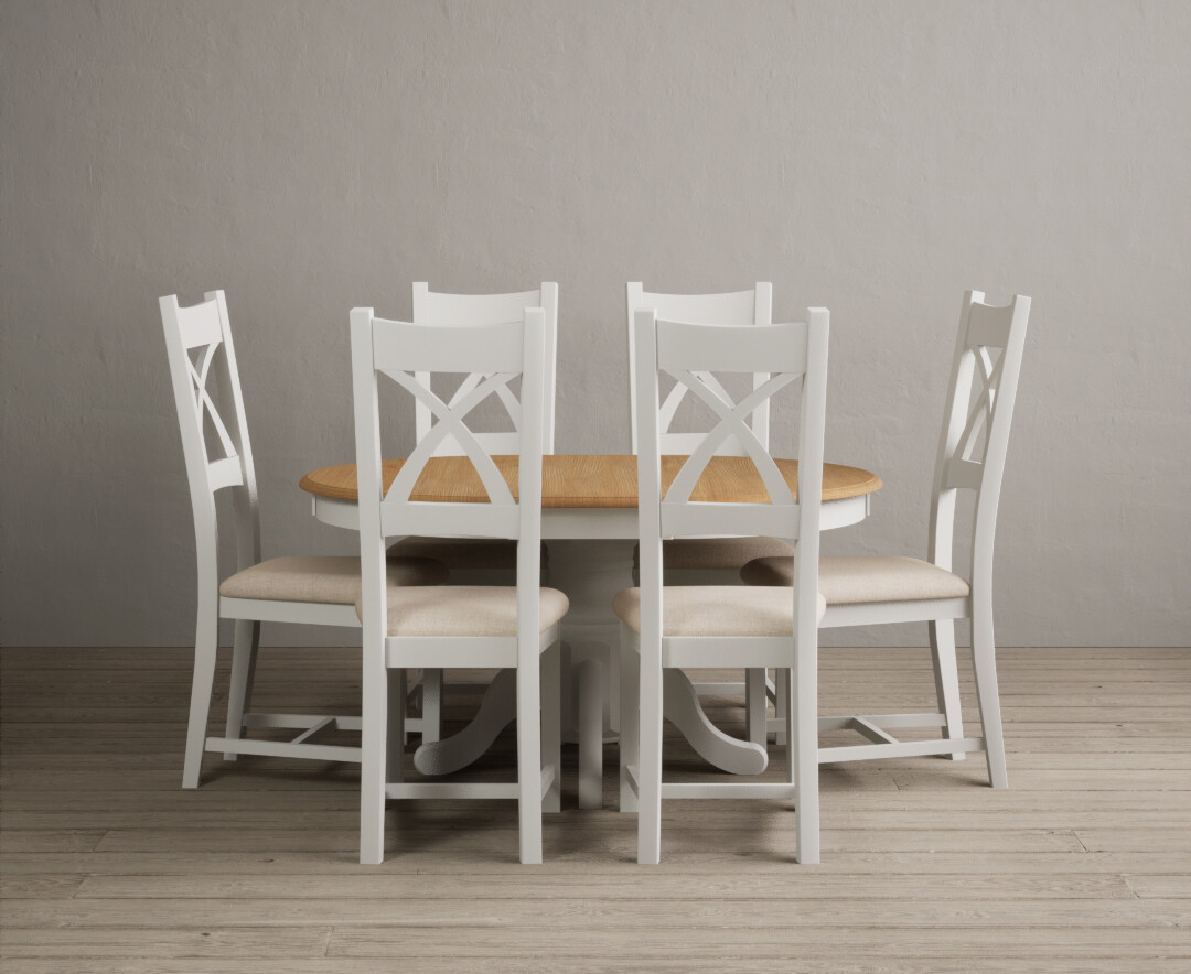 Product photograph of Extending Hertford 100cm - 130cm Oak And Signal White Painted Pedestal Dining Table With 6 Oak Painted Chairs from Oak Furniture Superstore