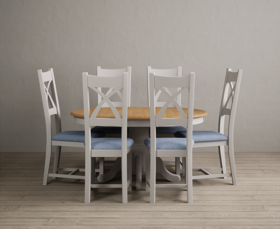 Product photograph of Extending Hertford 100cm - 130cm Oak And Soft White Painted Pedestal Dining Table With 6 Light Grey Chairs from Oak Furniture Superstore