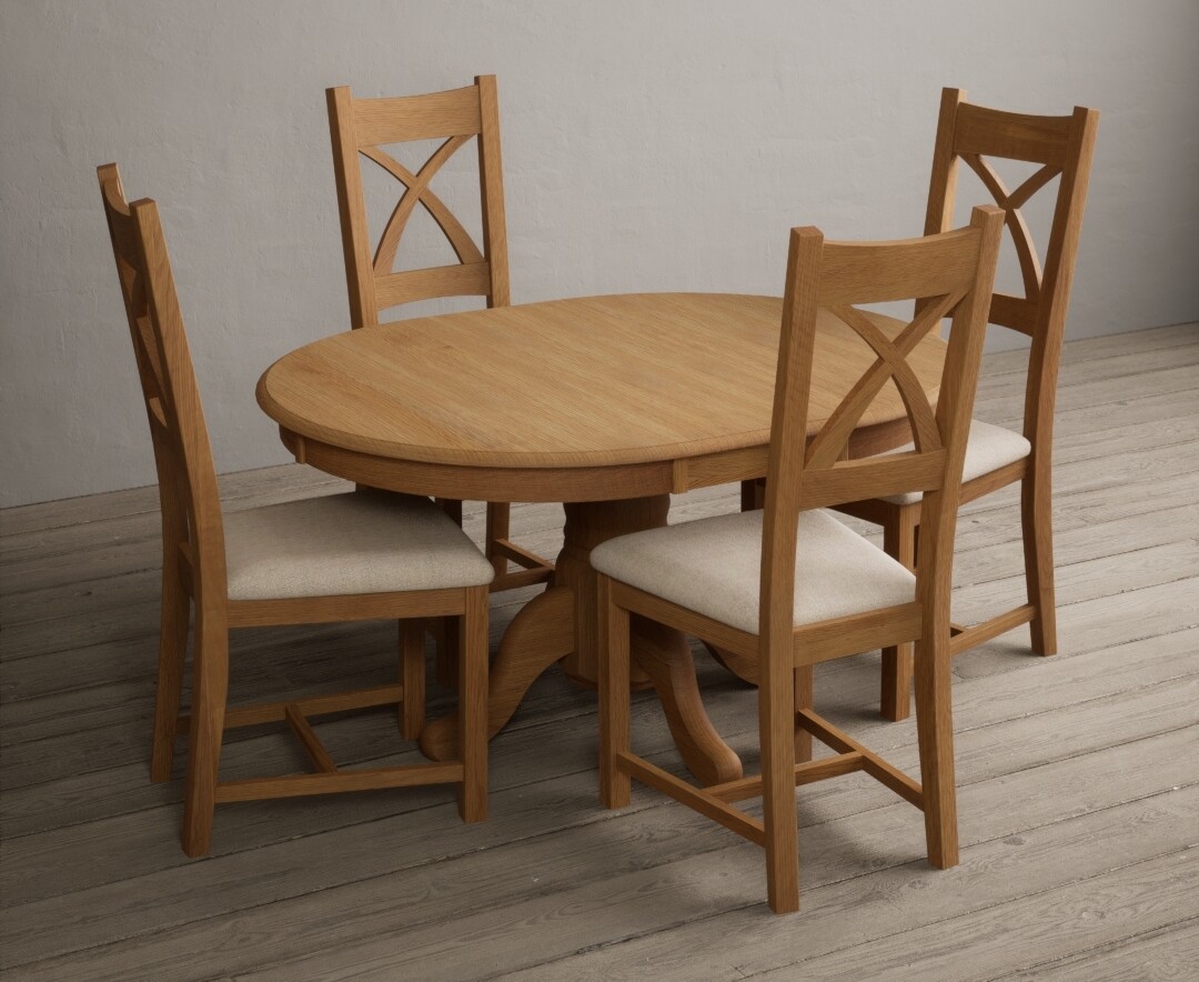 Photo 2 of Extending hertford 100cm - 130cm solid oak pedestal dining table with 6 blue natural solid oak chairs