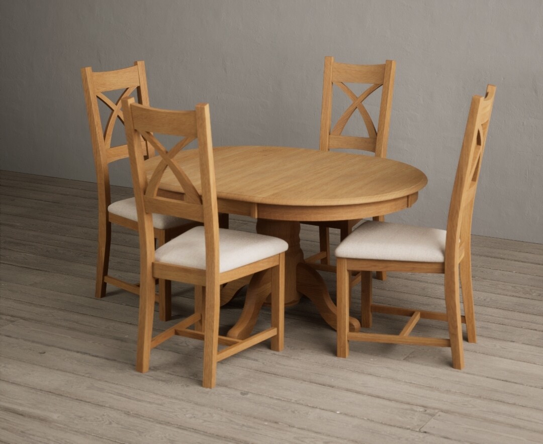 Photo 3 of Extending hertford 100cm - 130cm solid oak pedestal dining table with 6 blue natural solid oak chairs