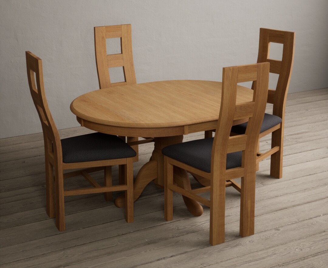 Photo 2 of Extending hertford 100cm - 130cm solid oak pedestal dining table with 6 blue natural chairs