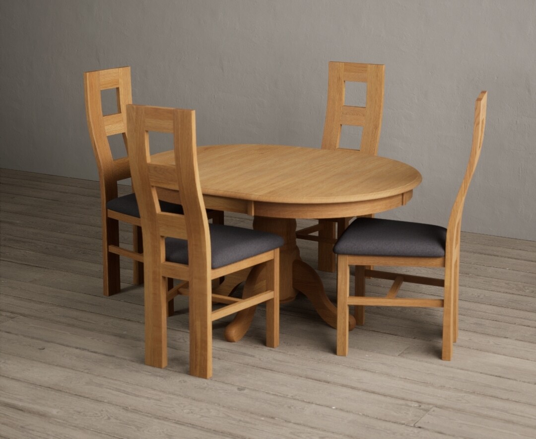 Photo 3 of Extending hertford 100cm - 130cm solid oak pedestal dining table with 6 blue natural chairs