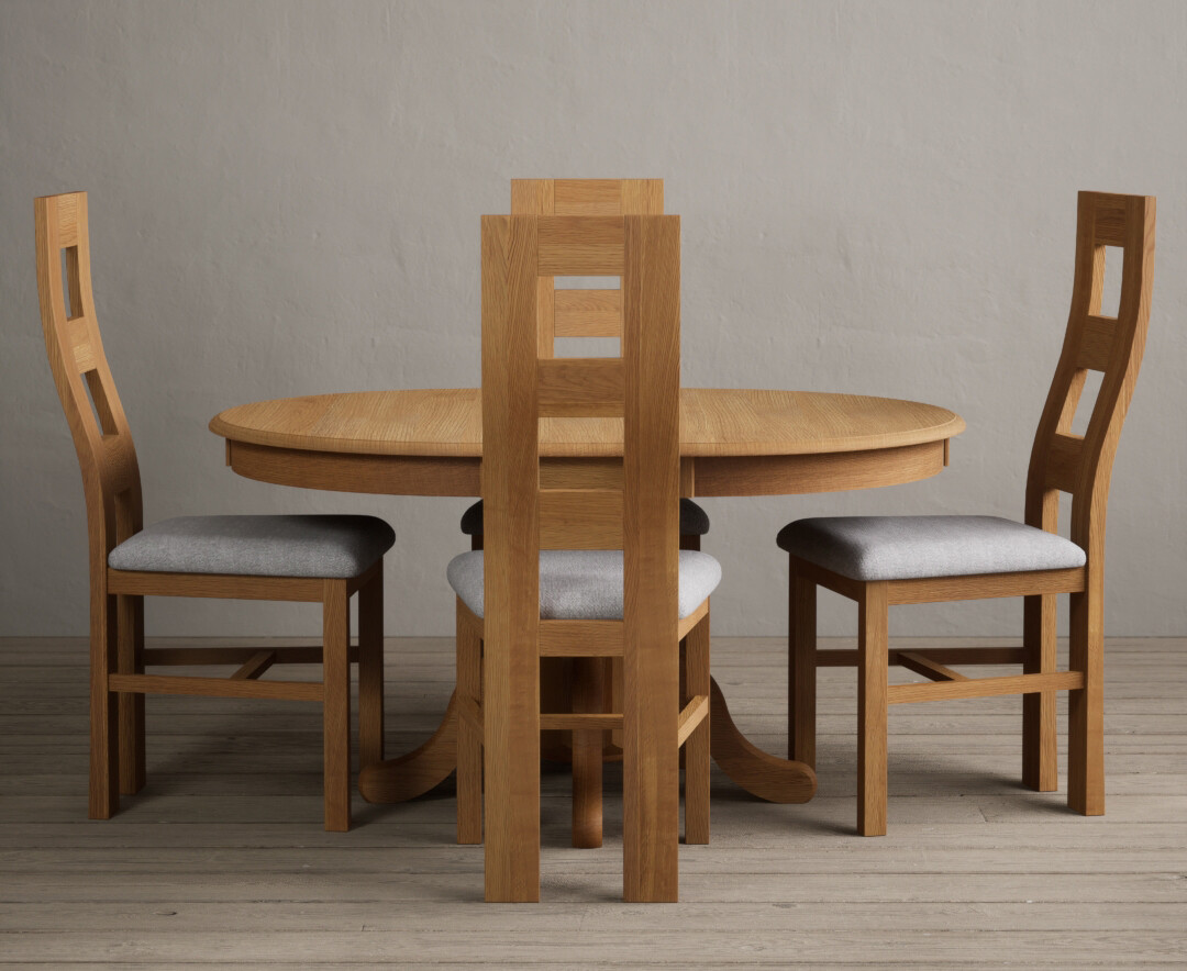 Photo 1 of Extending hertford 100cm - 130cm solid oak pedestal dining table with 6 charcoal grey natural chairs