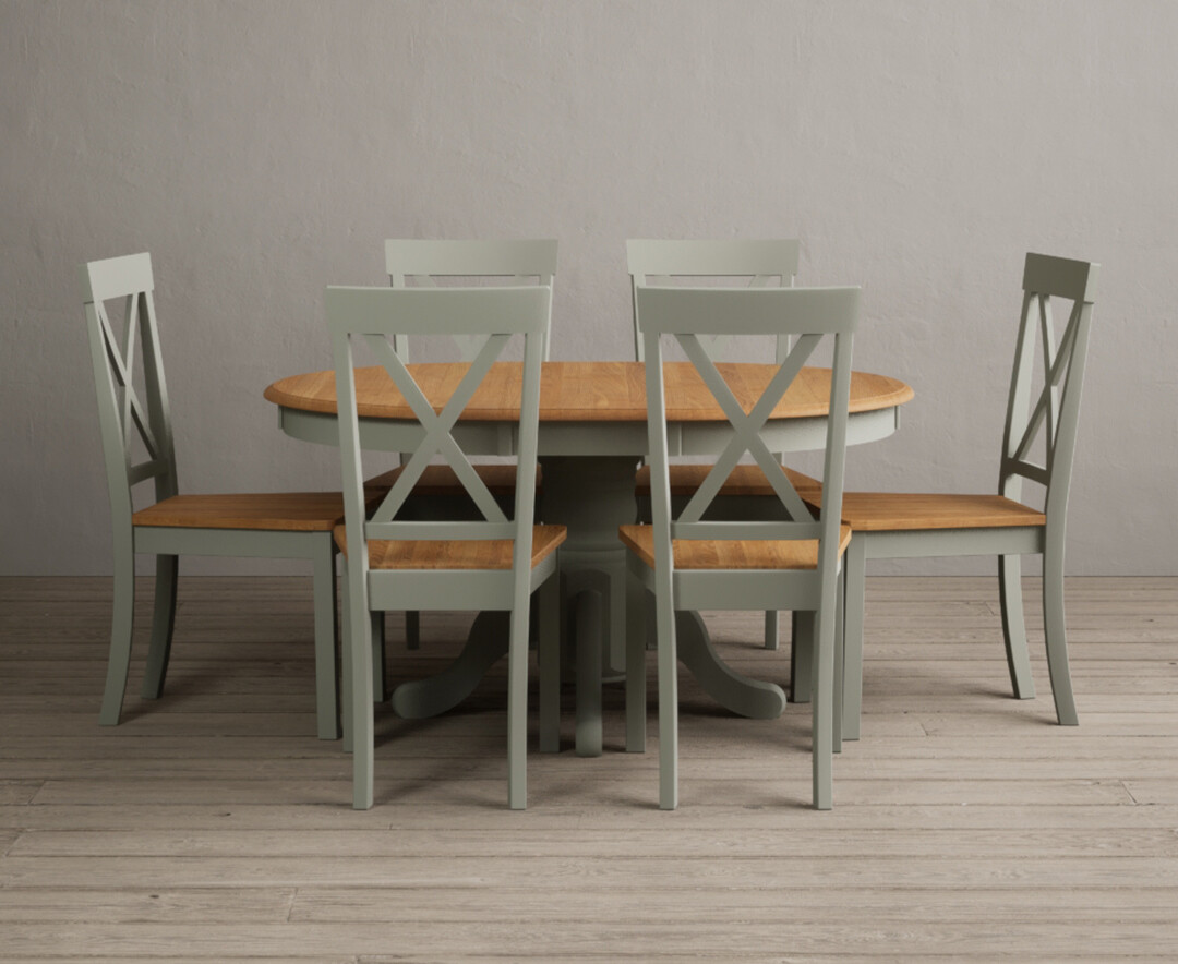 Product photograph of Extending Hertford 100cm - 130cm Oak And Soft Green Painted Pedestal Dining Table With 4 Blue Hertford Chairs from Oak Furniture Superstore