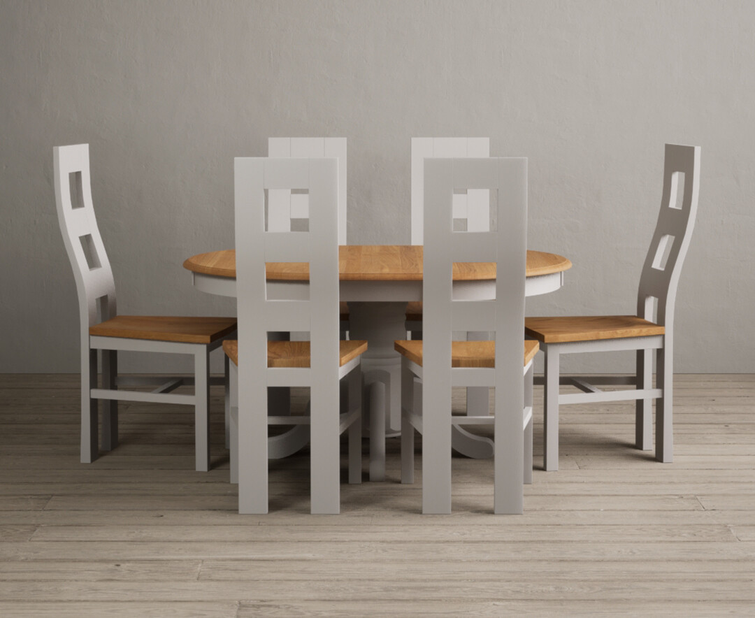 Extending Hertford 100cm 130cm Oak And Soft White Painted Pedestal Dining Table With 6 Light Grey Painted Chairs