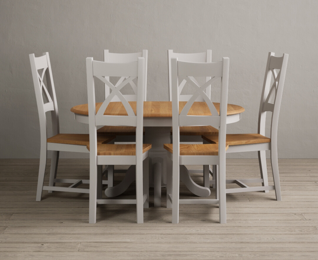 Extending Hertford 100cm 130cm Oak And Soft White Painted Pedestal Dining Table With 6 Blue Natural Solid Oak Chairs