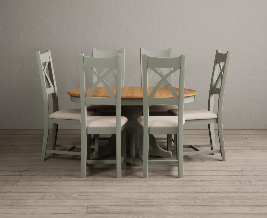 Extending Hertford 100cm 130cm Oak And Soft Green Painted Pedestal Dining Table With 4 Oak Chairs