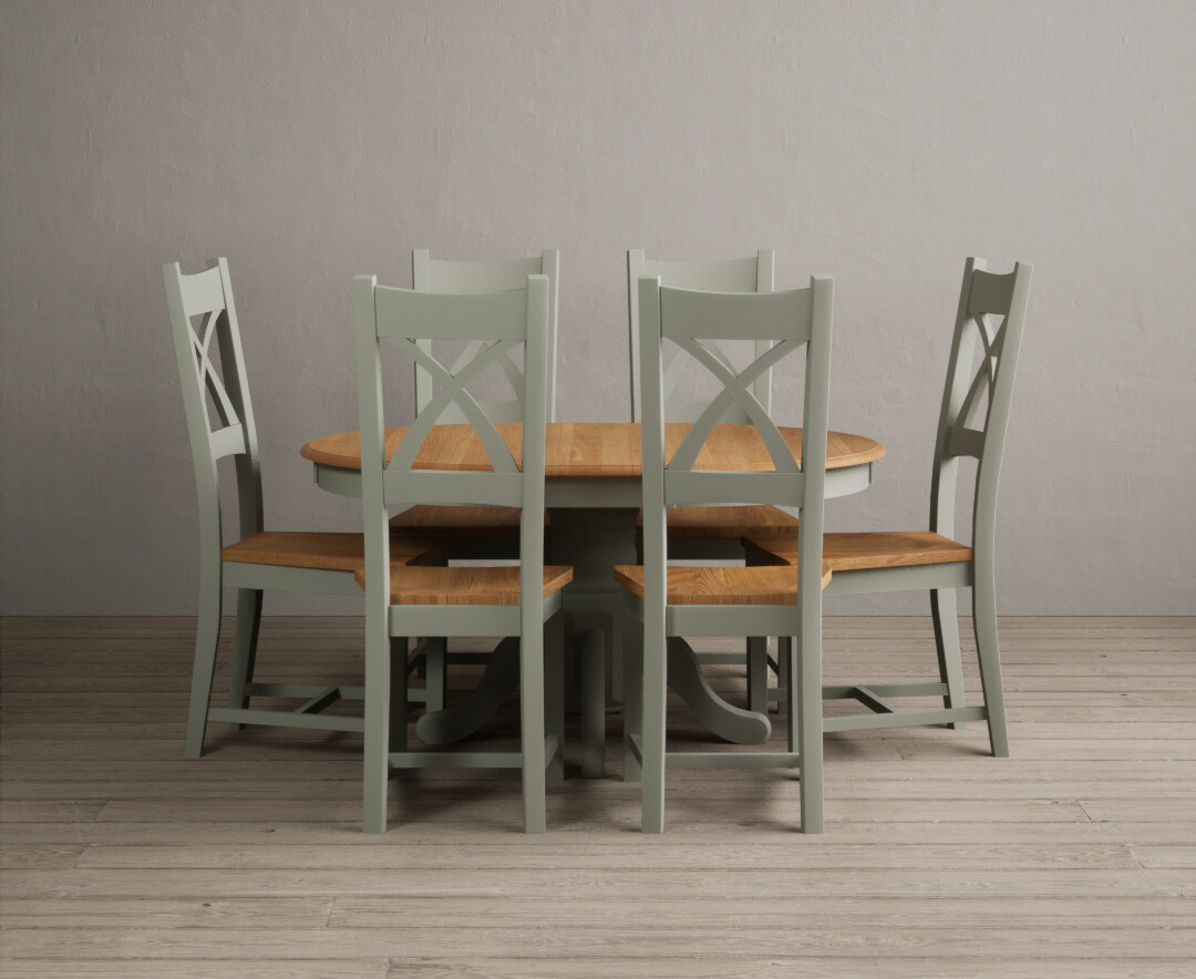 Product photograph of Extending Hertford 100cm - 130cm Oak And Soft Green Painted Pedestal Dining Table With 6 Light Grey Chairs from Oak Furniture Superstore