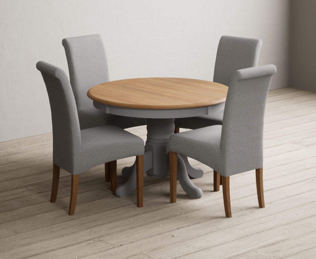 Photo 3 of Extending hertford 100cm - 130cm oak and light grey painted pedestal dining table with 4 charcoal grey scroll back chairs