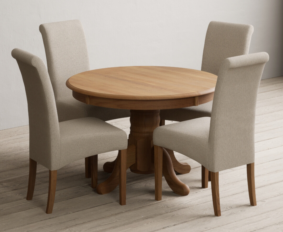Photo 2 of Extending hertford 100cm - 130cm solid oak pedestal dining table with 6 brown chairs