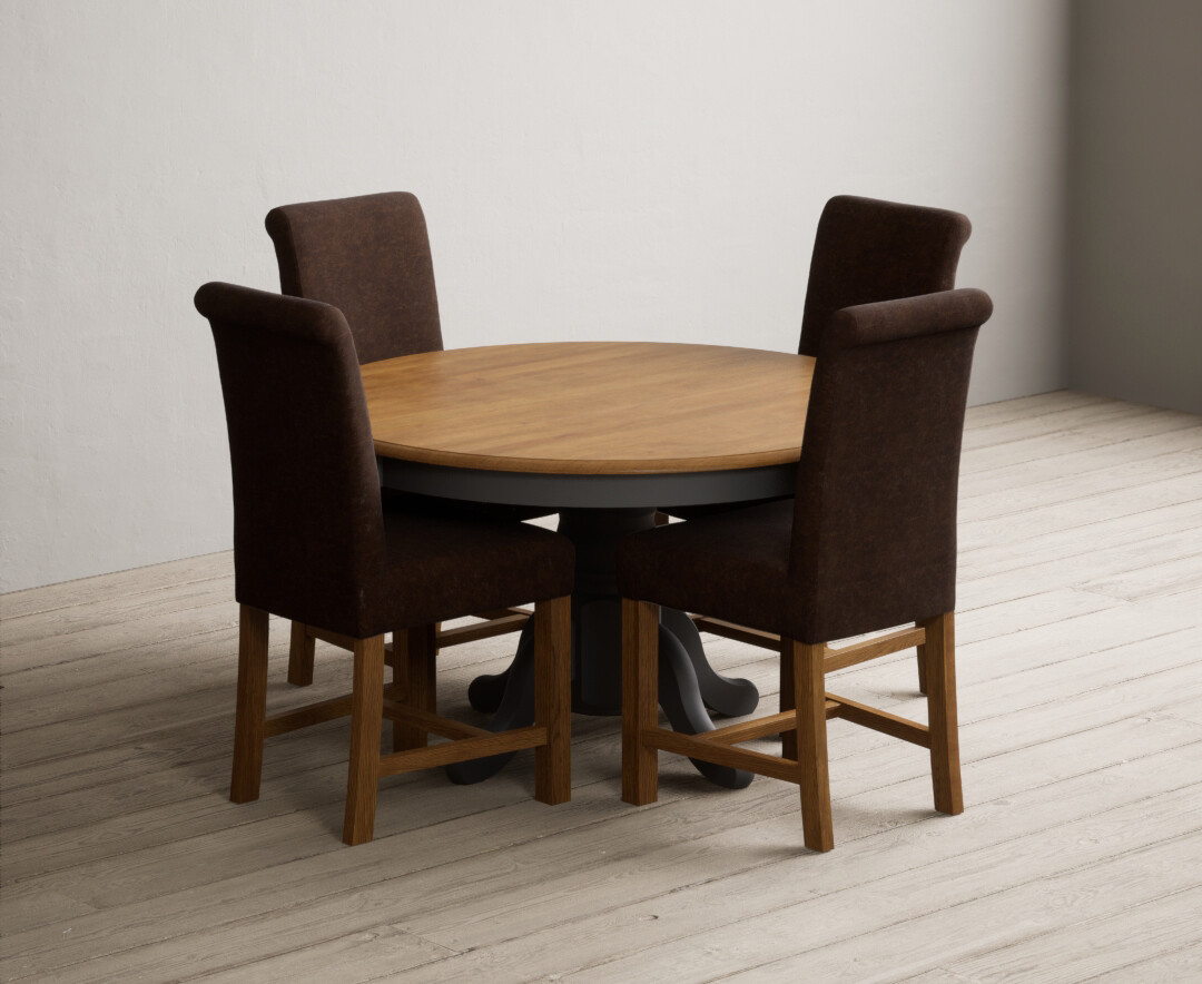 Hertford 120cm Fixed Top Oak And Charcoal Grey Painted Dining Table With 4 Blue Scroll Back Chairs