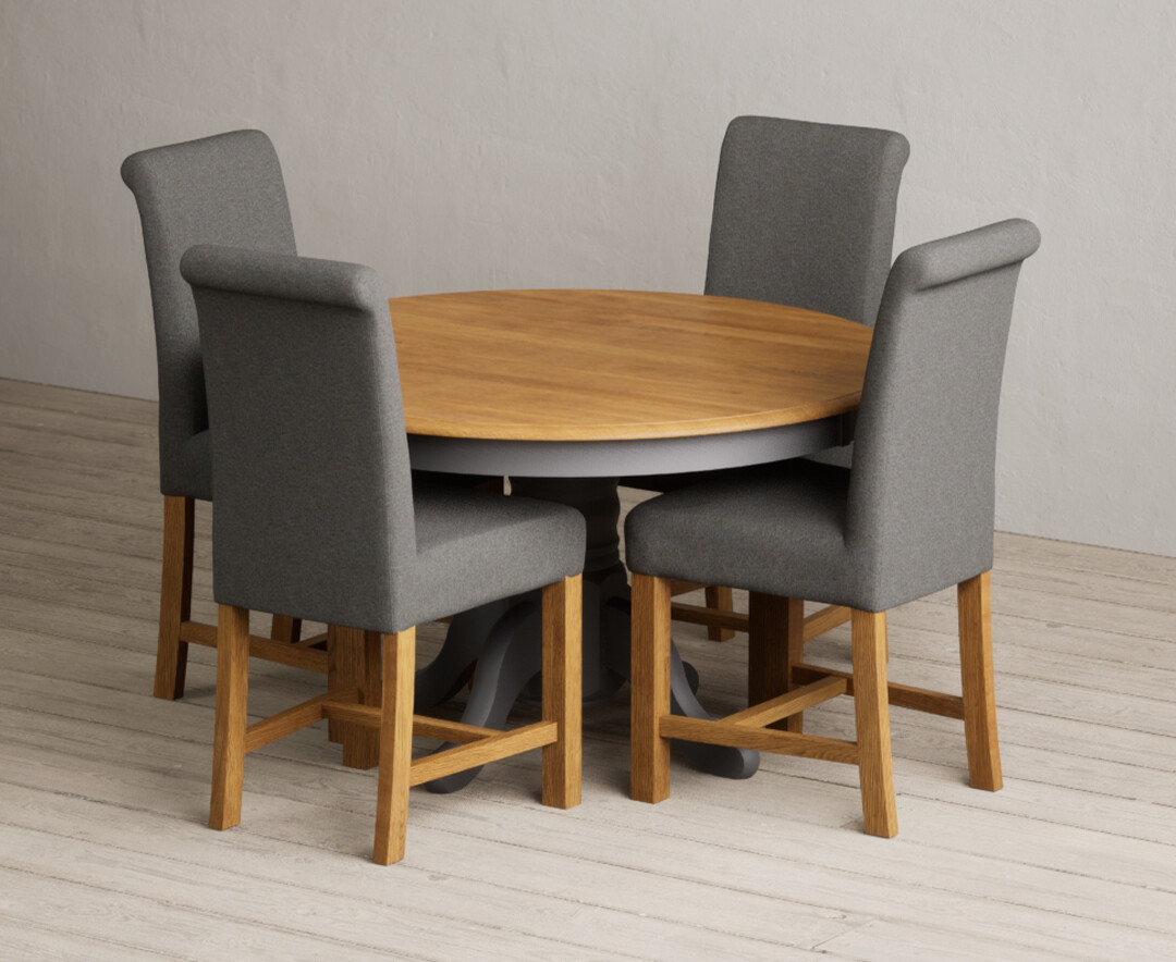 Photo 4 of Hertford 120cm fixed top oak and charcoal grey painted dining table with 6 brown chairs