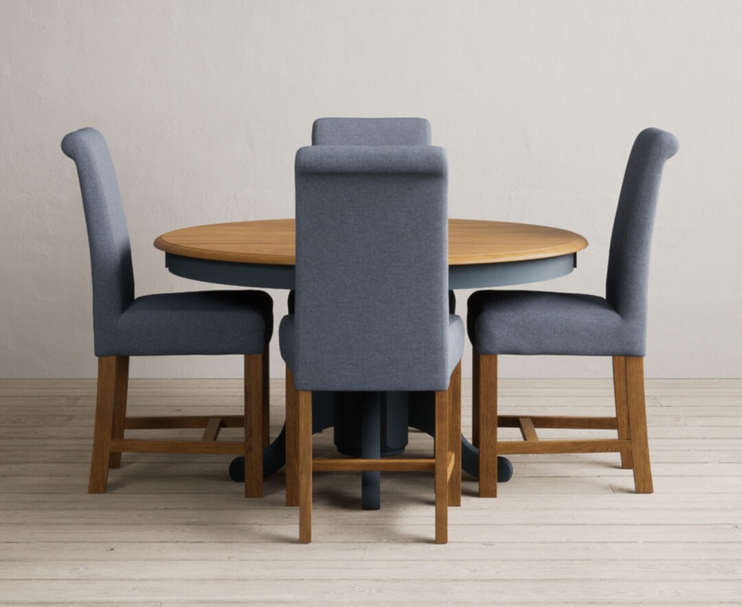 Photo 2 of Hertford 120cm fixed top oak and dark blue painted dining table with 4 charcoal grey chairs