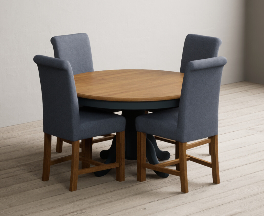 Photo 3 of Hertford 120cm fixed top oak and dark blue painted dining table with 6 blue chairs
