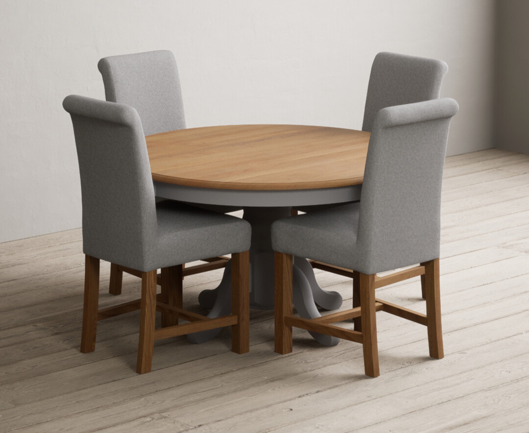 Photo 3 of Hertford 120cm fixed top oak and light grey painted dining table with 4 brown chairs