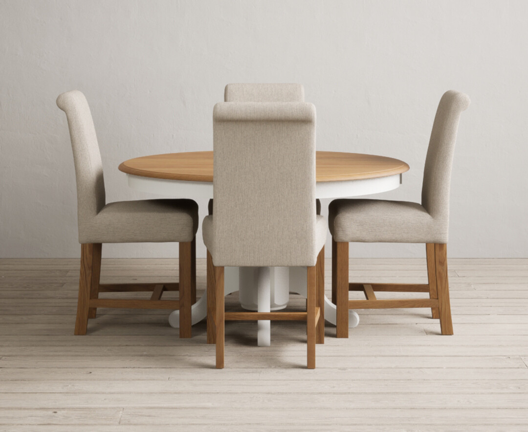 Hertford 120cm Fixed Top Oak And Signal White Painted Dining Table With 4 Charcoal Grey Chairs