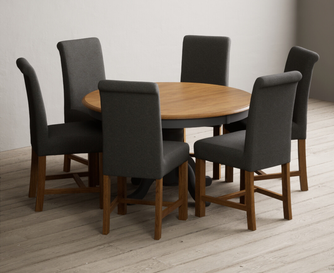 Photo 3 of Hertford 120cm fixed top oak and charcoal grey painted dining table with 6 natural chairs