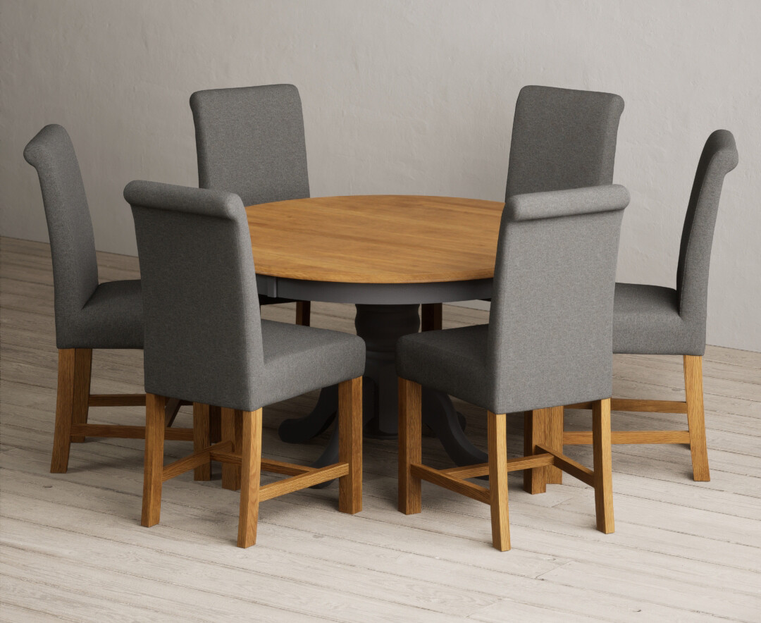 Photo 1 of Hertford 120cm fixed top oak and charcoal grey painted dining table with 4 brown chairs