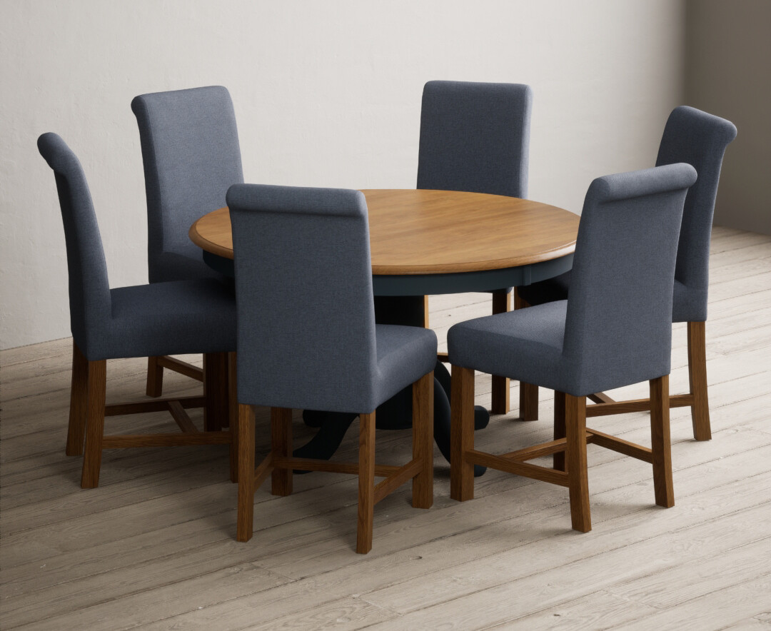 Photo 1 of Hertford 120cm fixed top oak and dark blue painted dining table with 6 grey chairs