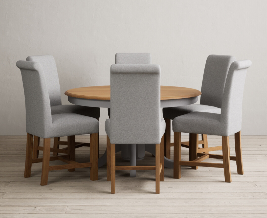 Hertford 120cm Fixed Top Oak And Light Grey Painted Dining Table With 4 Charcoal Grey Chairs