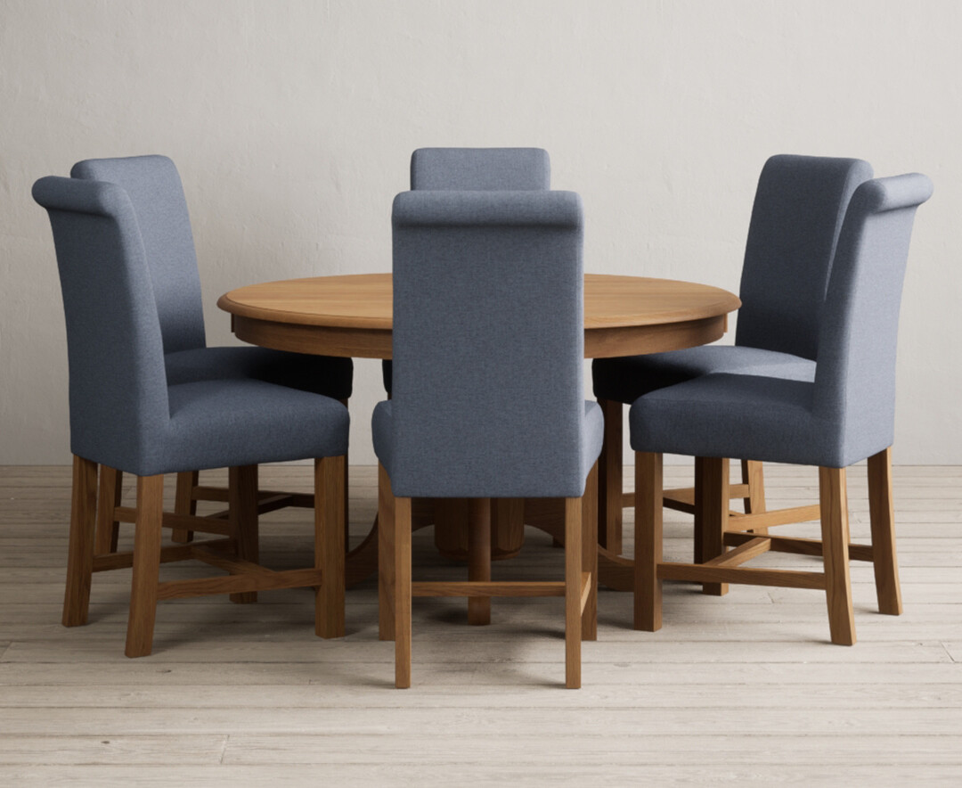 Hertford 120cm Fixed Top Solid Oak Dining Table With 6 Blue Chairs