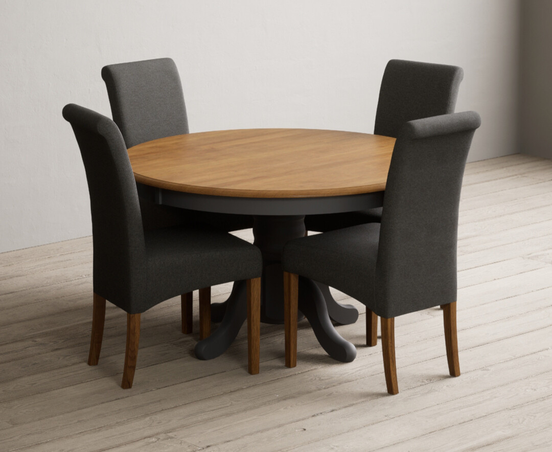 Photo 2 of Hertford 120cm fixed top oak and charcoal grey painted dining table with 4 charcoal grey scroll back chairs