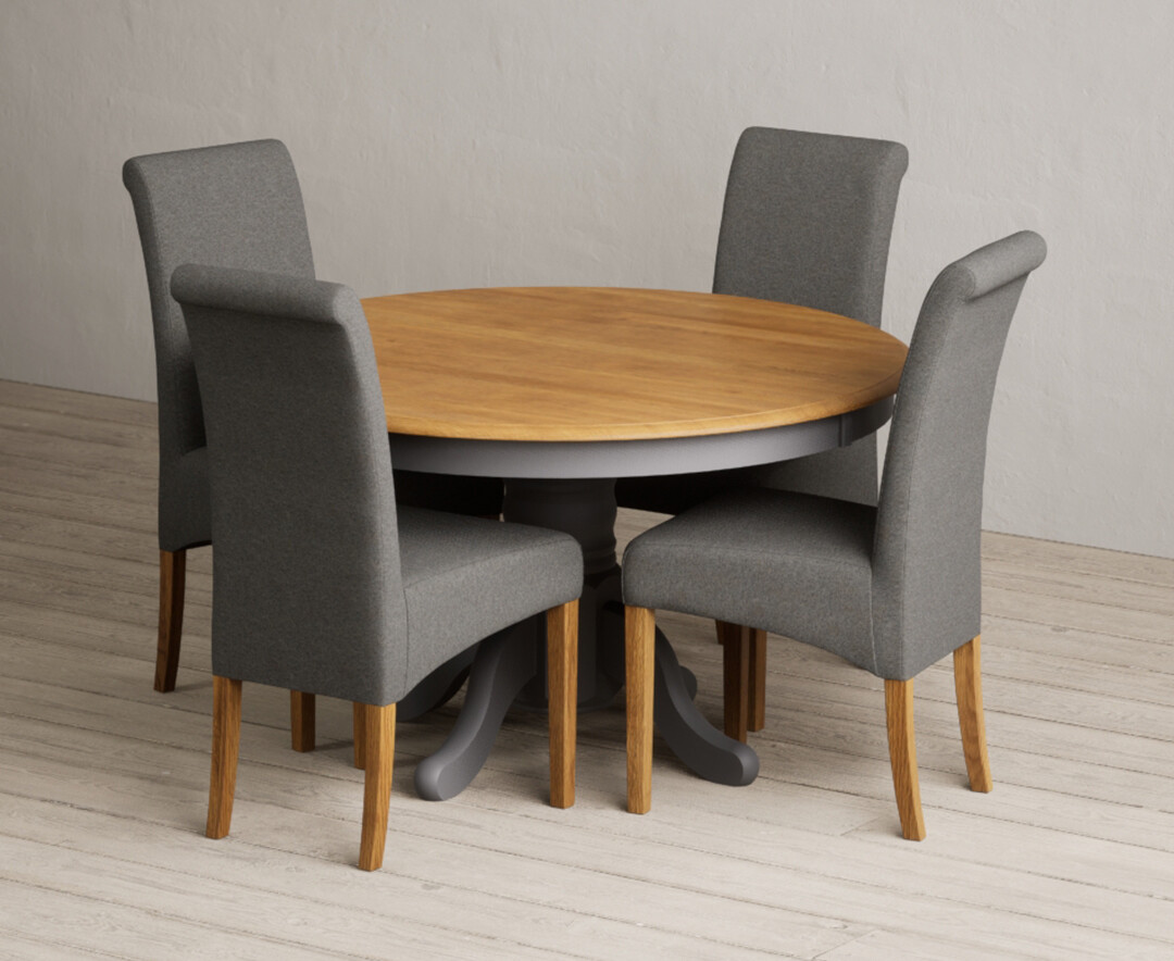 Photo 3 of Hertford 120cm fixed top oak and charcoal grey painted dining table with 4 charcoal grey scroll back chairs
