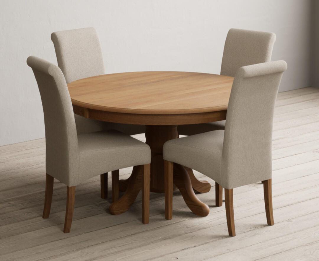 Photo 2 of Hertford 120cm fixed top solid oak dining table with 6 blue chairs