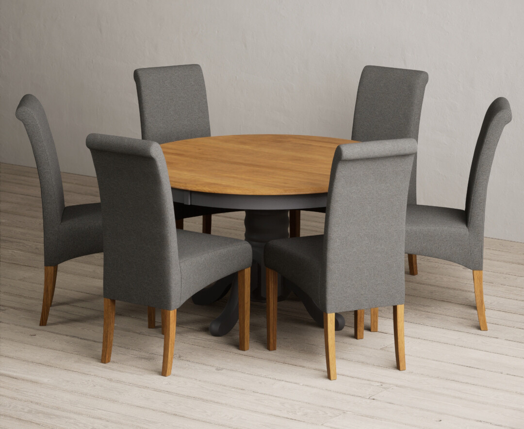 Photo 1 of Hertford 120cm fixed top oak and charcoal grey painted dining table with 4 charcoal grey scroll back chairs