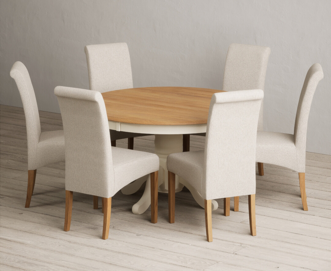 Hertford 120cm Fixed Top Oak And Cream Painted Dining Table With 6 Charcoal Grey Chairs