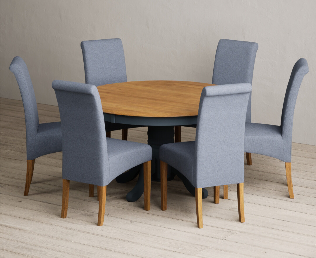Photo 1 of Hertford 120cm fixed top oak and dark blue painted dining table with 6 charcoal grey scroll back chairs