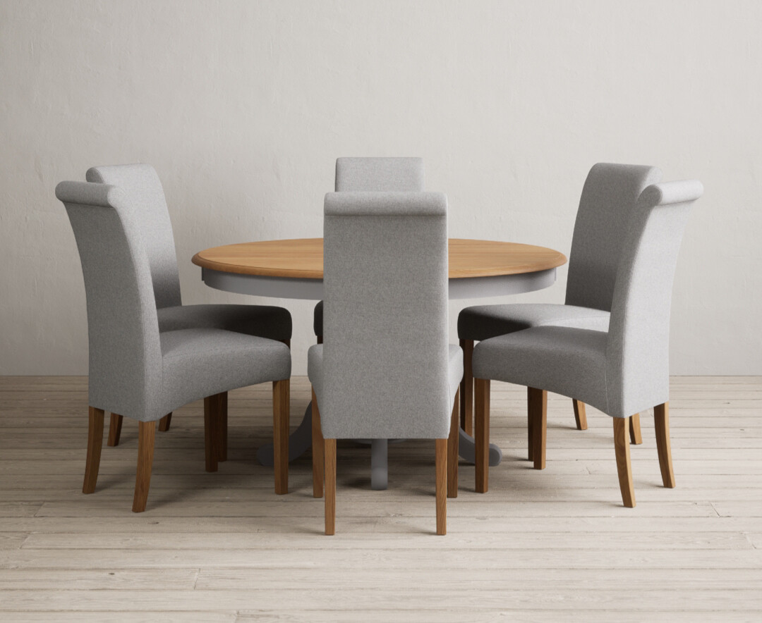 Hertford 120cm Fixed Top Oak And Light Grey Painted Dining Table With 6 Grey Chairs