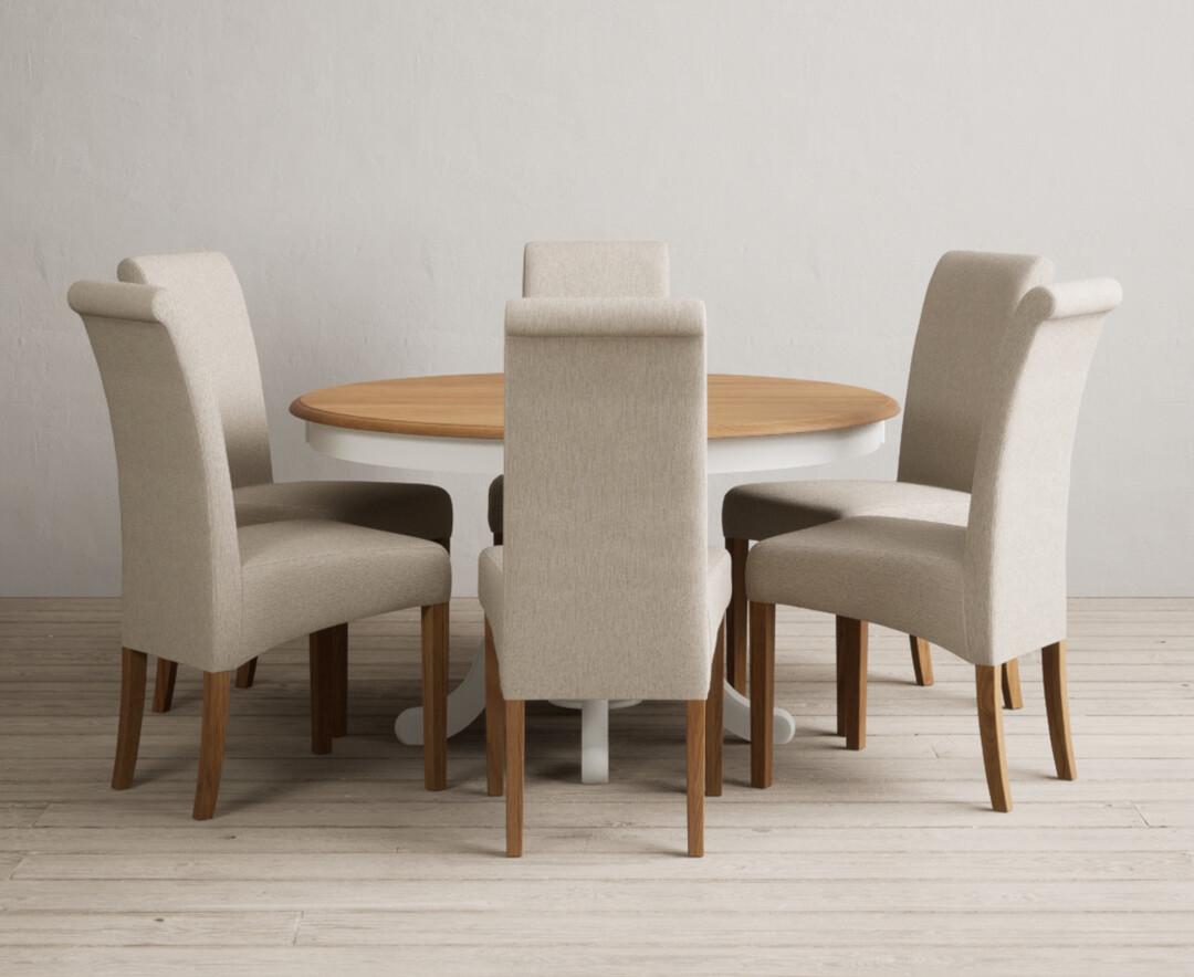 Hertford 120cm Fixed Top Oak And Signal White Painted Dining Table With 6 Natural Chairs