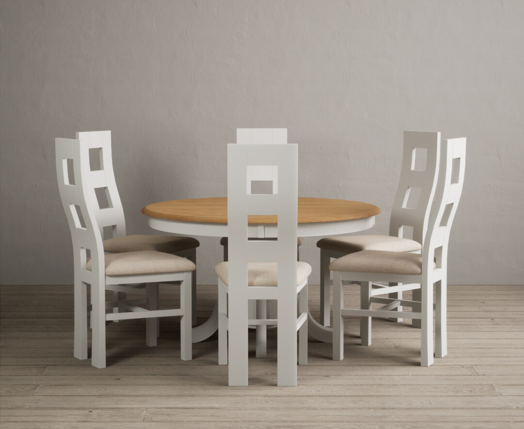 Hertford 120cm Fixed Top Oak And Signal White Painted Dining Table With 4 Linen Painted Chairs