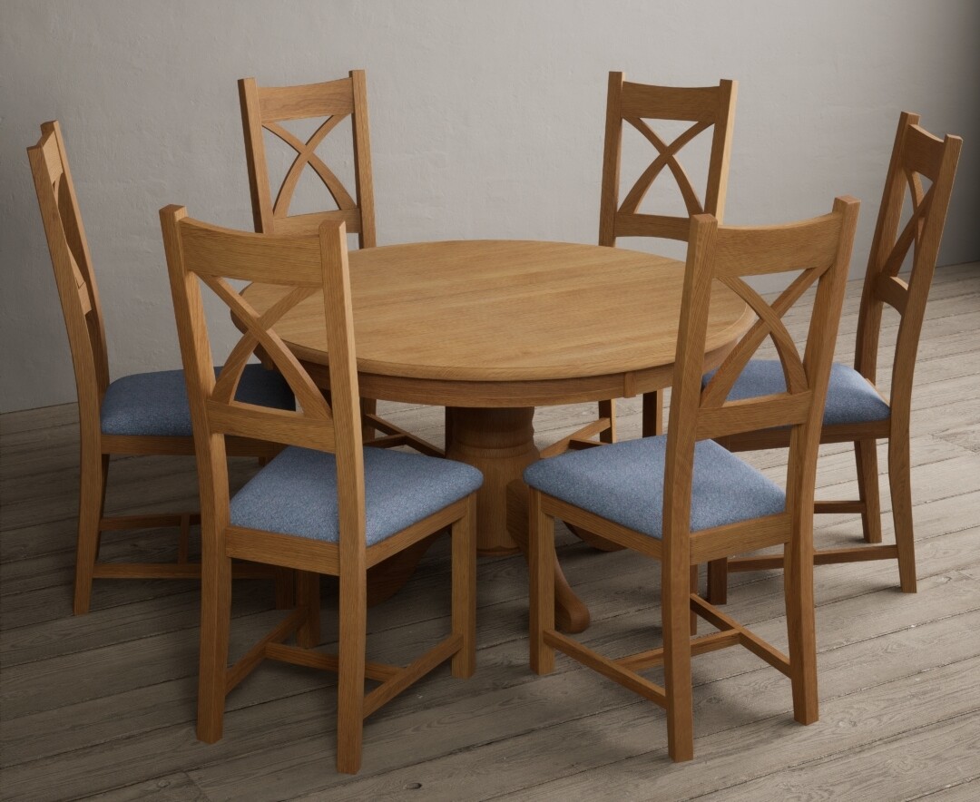 Photo 1 of Hertford 120cm fixed top solid oak round pedestal table with 4 linen x back chairs