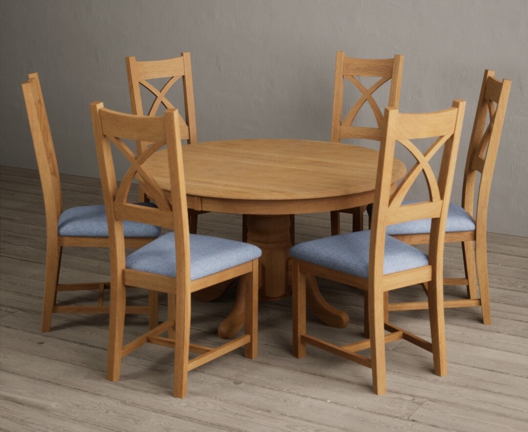 Photo 2 of Hertford 120cm fixed top solid oak round pedestal table with 4 linen x back chairs