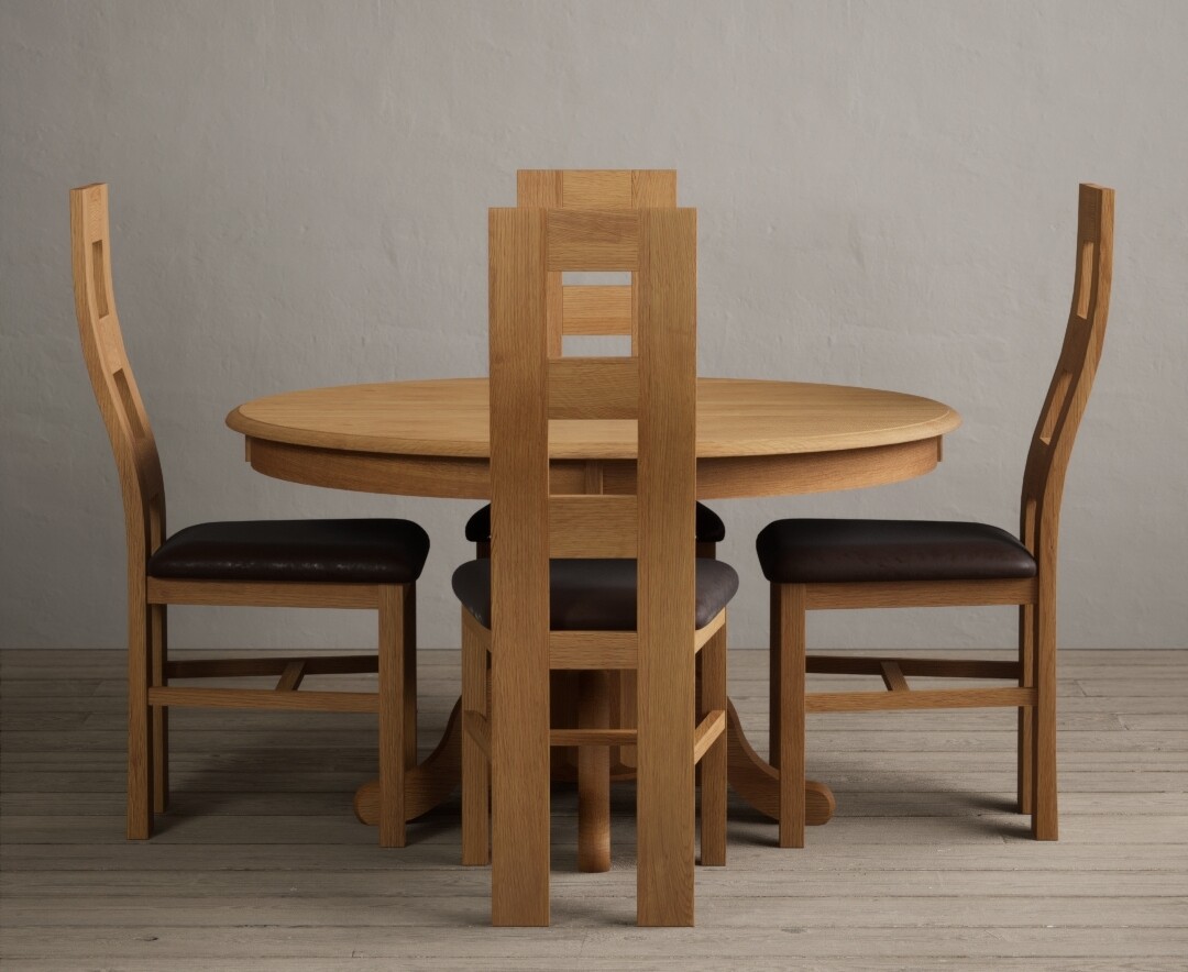 Photo 1 of Hertford 120cm fixed top solid oak dining table with 6 blue natural chairs