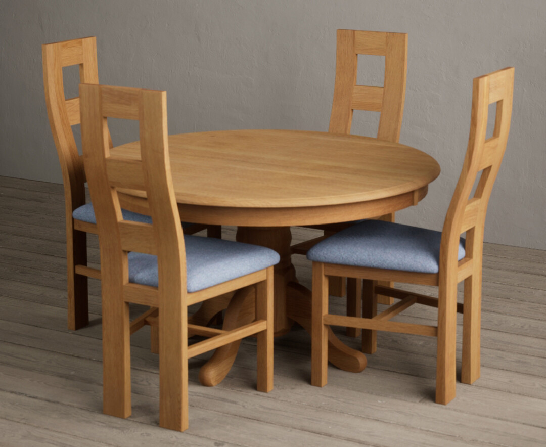 Photo 2 of Hertford 120cm fixed top solid oak dining table with 6 light grey natural chairs