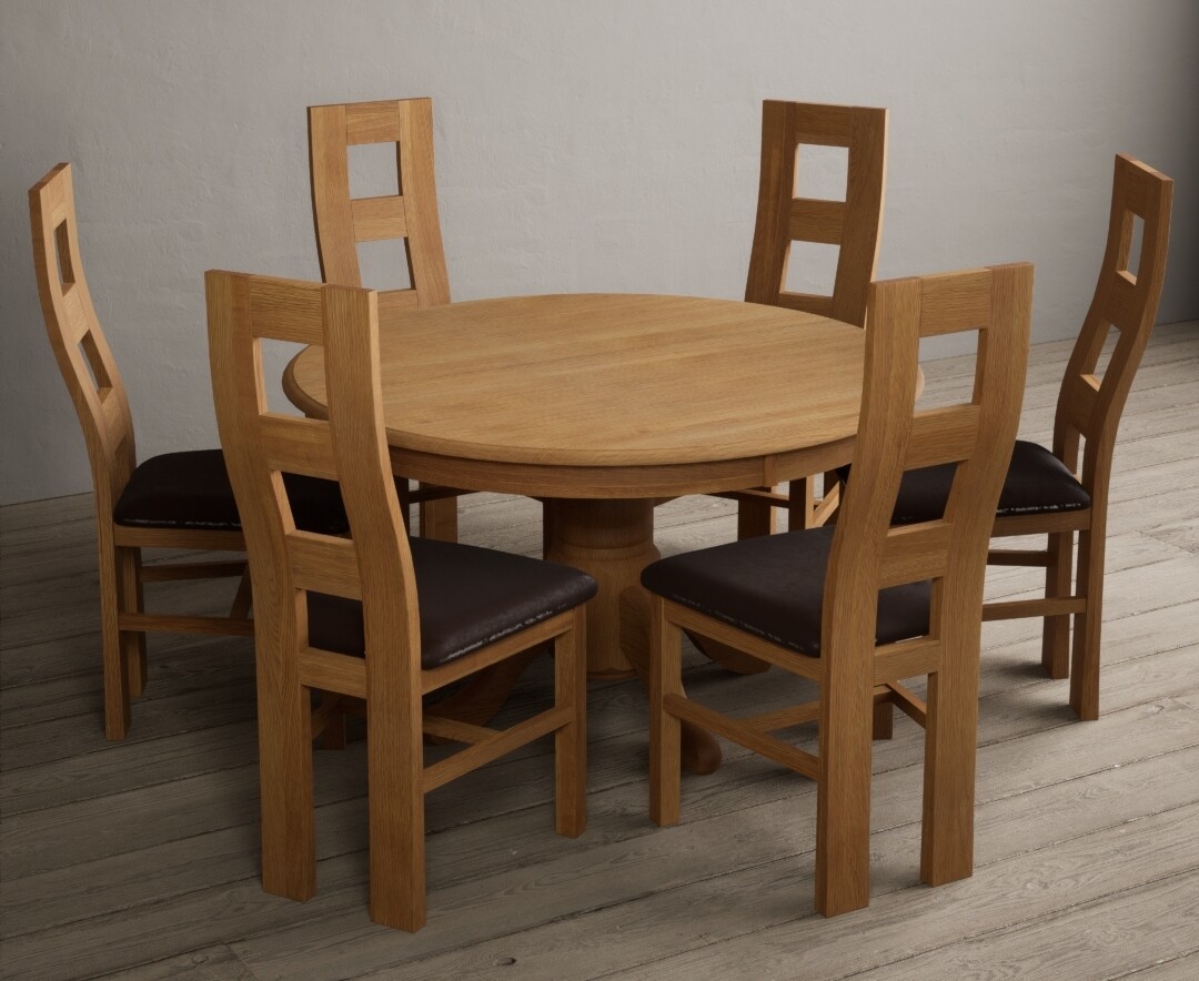 Photo 1 of Hertford 120cm fixed top solid oak round pedestal table with 6 blue flow back chairs