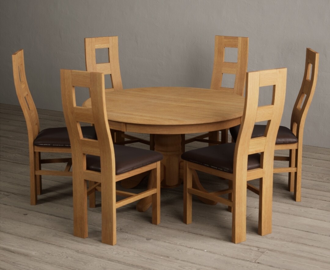 Photo 2 of Hertford 120cm fixed top solid oak round pedestal table with 6 blue flow back chairs